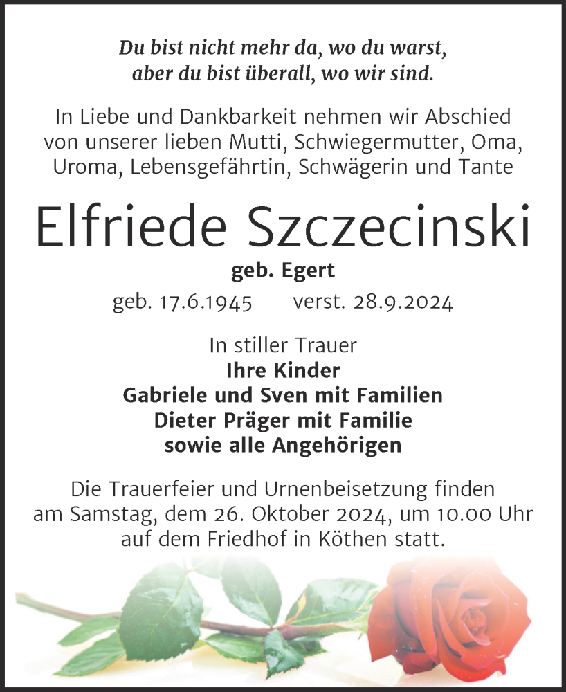  Traueranzeige für Elfriede Szczecinski vom 02.10.2024 aus Trauerkombi Köthen