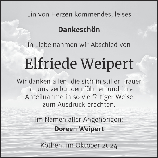 Traueranzeige von Elfriede Weipert von Trauerkombi Köthen