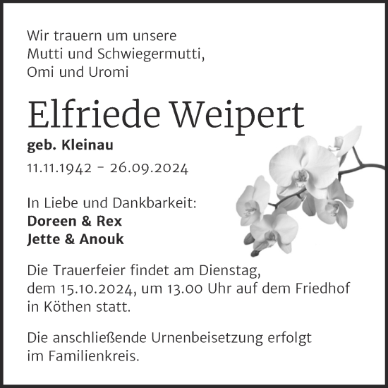 Traueranzeige von Elfriede Weipert von Trauerkombi Köthen