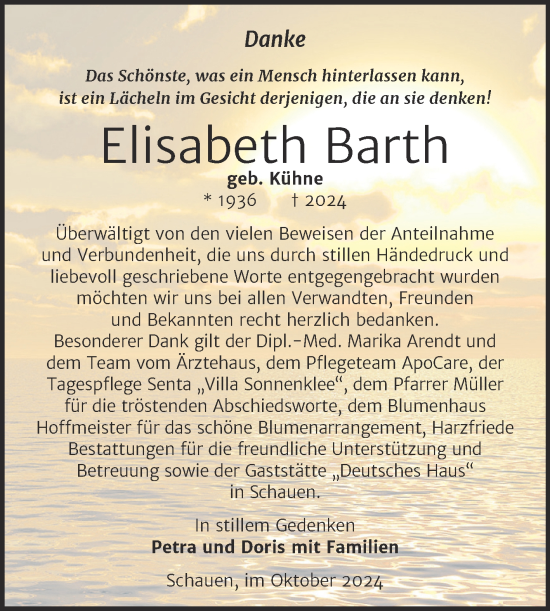 Traueranzeige von Elisabeth Barth von Volksstimme Halberstadt