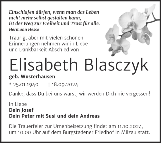 Traueranzeige von Elisabeth Blasczyk von Trauerkombi Merseburg
