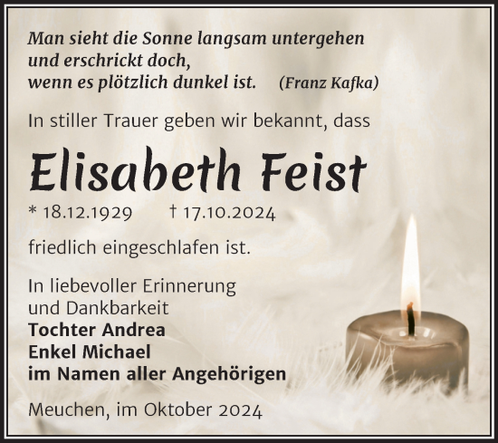 Traueranzeige von Elisabeth Feist von Trauerkombi Weißenfels