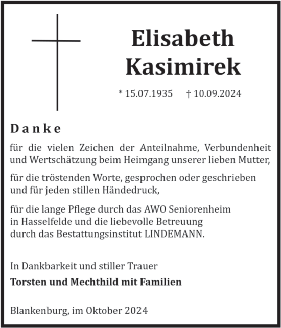 Traueranzeige von Elisabeth Kasimirek von Volksstimme Wernigerode