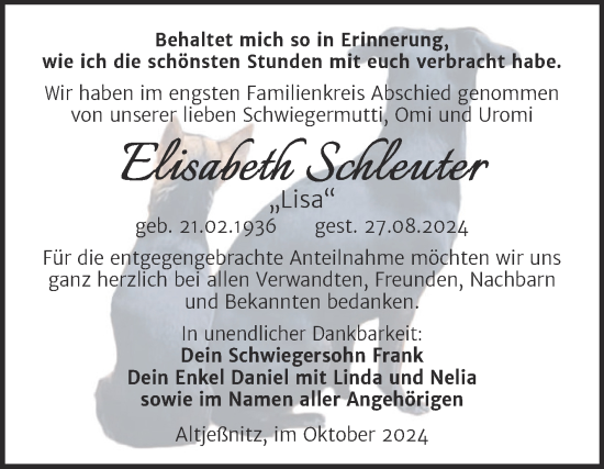Traueranzeige von Elisabeth Schleuter von Trauerkombi Bitterfeld