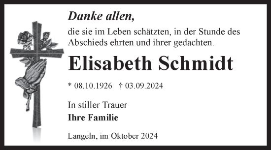 Traueranzeige von Elisabeth Schmidt von Volksstimme Wernigerode