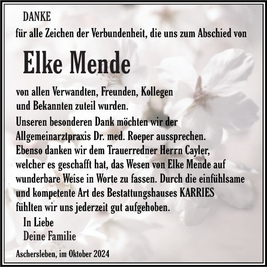 Traueranzeige von Elke Mende von Super Sonntag Aschersleben