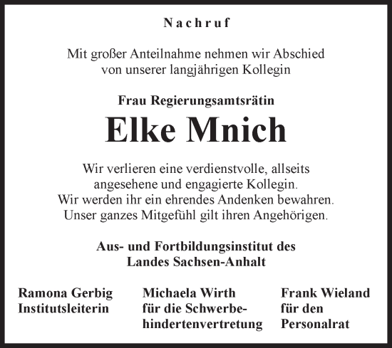 Traueranzeige von Elke Mnich von Volksstimme Wernigerode