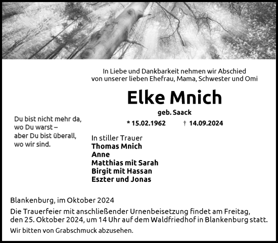 Traueranzeige von Elke Mnich von Volksstimme Wernigerode