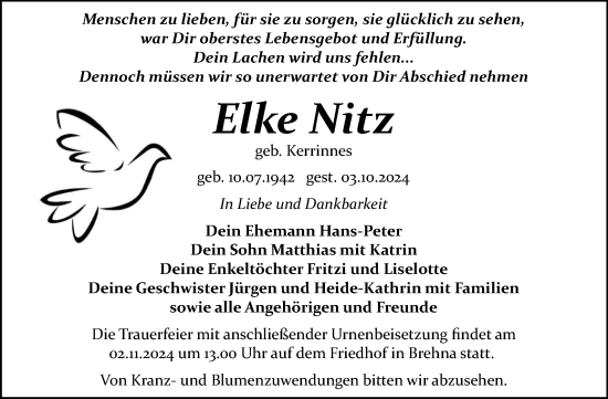 Traueranzeige von Elke Nitz von Trauerkombi Bitterfeld