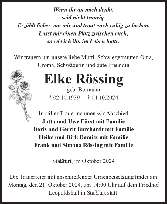Traueranzeige von Elke Rössing von Volksstimme Staßfurt