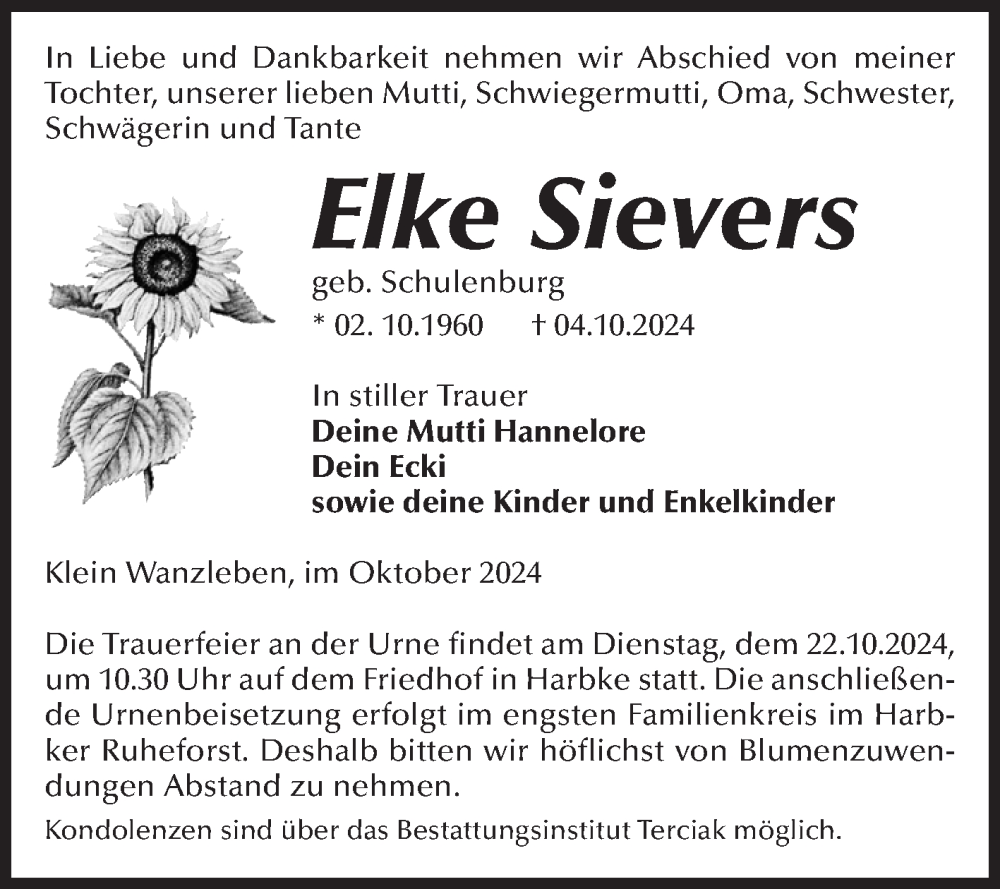  Traueranzeige für Elke Sievers vom 12.10.2024 aus Volksstimme Oschersleben/Wanzleben