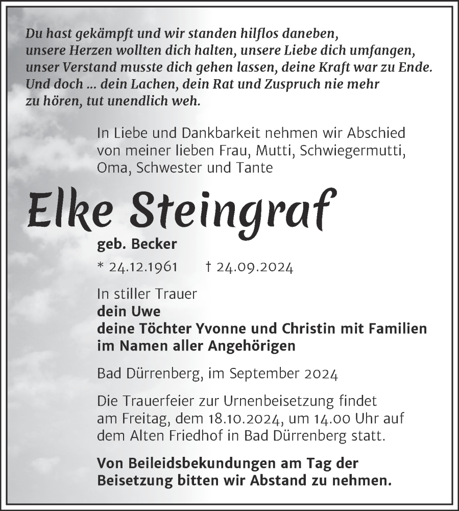  Traueranzeige für Elke Steingraf vom 05.10.2024 aus Trauerkombi Merseburg