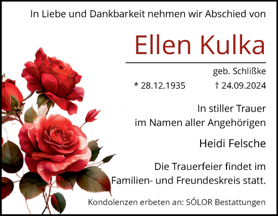 Traueranzeige von Ellen Kulka von Trauerkombi Sangerhausen
