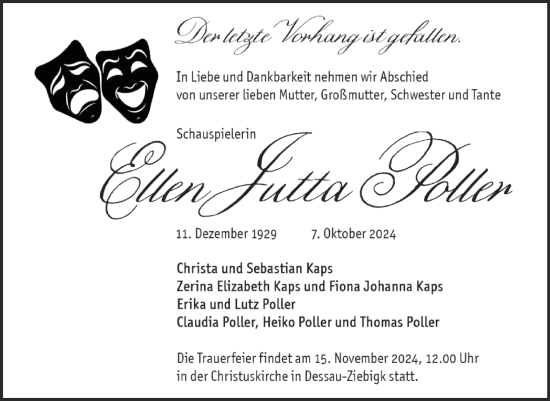 Traueranzeige von Ellen Jutta Poller von Trauerkombi Dessau