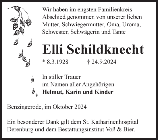 Traueranzeige von Elli Schildknecht von Volksstimme Wernigerode