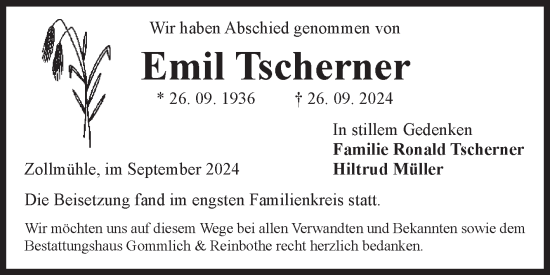 Traueranzeige von Emil Tscherner von Volksstimme Zerbst