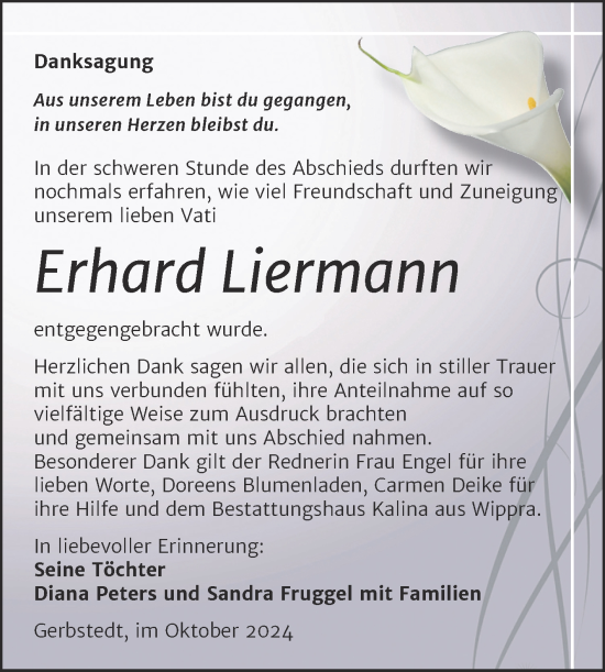 Traueranzeige von Erhard Liermann von Trauerkombi Mansfelder Land