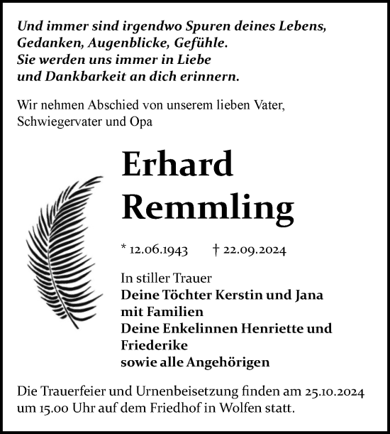 Traueranzeige von Erhard Remmling von Trauerkombi Bitterfeld
