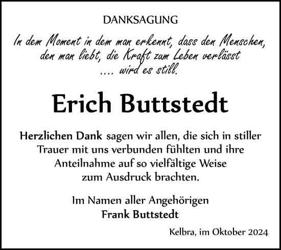 Traueranzeige von Erich Buttstedt von Trauerkombi Sangerhausen