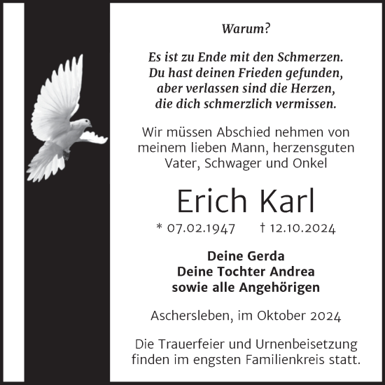 Traueranzeige von Erich Karl von Trauerkombi Aschersleben
