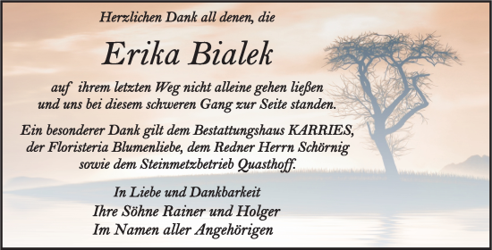 Traueranzeige von Erika Bialek von Trauerkombi Aschersleben