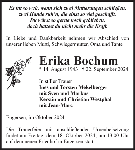 Traueranzeige von Erika Bochum von Volksstimme Altmark West