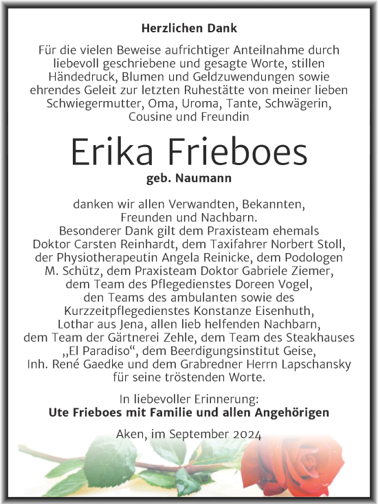 Traueranzeige von Erika Frieboes von Trauerkombi Köthen