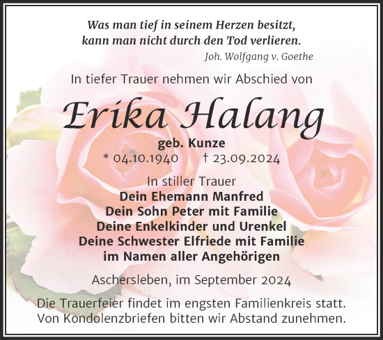 Traueranzeige von Erika Halang von Trauerkombi Aschersleben
