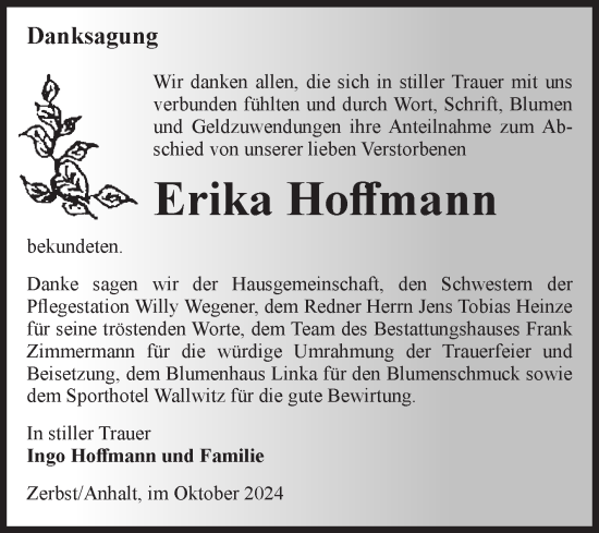 Traueranzeige von Erika Hoffmann von Volksstimme Zerbst