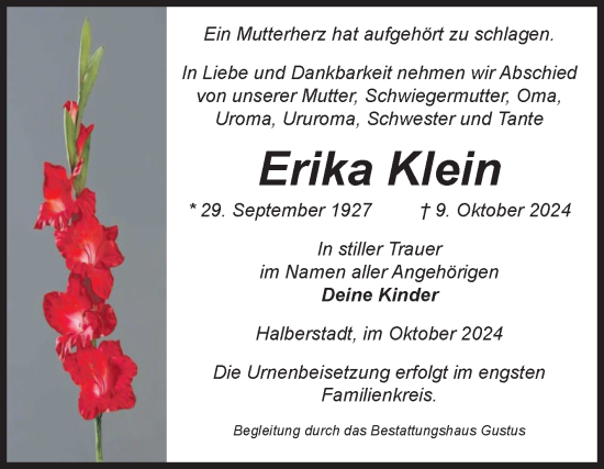 Traueranzeige von Erika Klein von Volksstimme Halberstadt