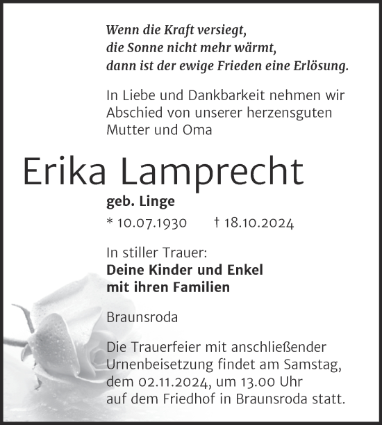 Traueranzeige von Erika Lamprecht von Super Sonntag Naumburg/Nebra