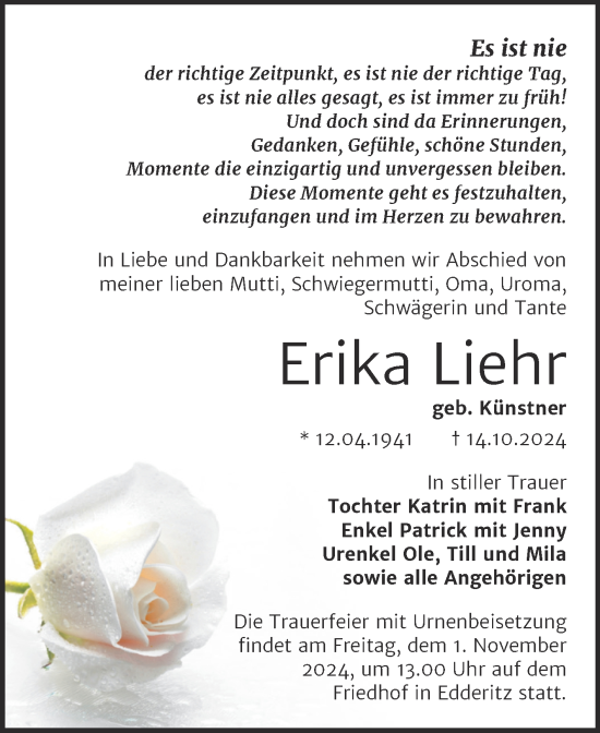 Traueranzeige von Erika Liehr von Trauerkombi Köthen
