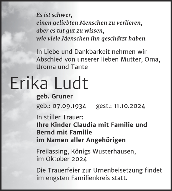Traueranzeige von Erika Ludt von Naumburger Tageblatt