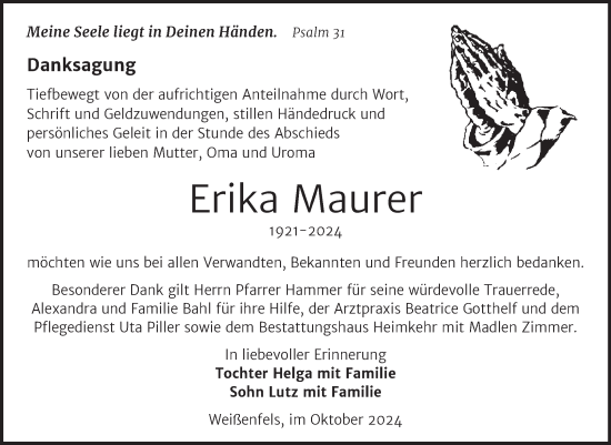 Traueranzeige von Erika Maurer von Trauerkombi Weißenfels
