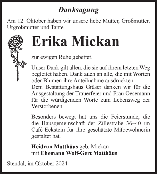 Traueranzeige von Erika Mickan von Volksstimme Altmark Ost