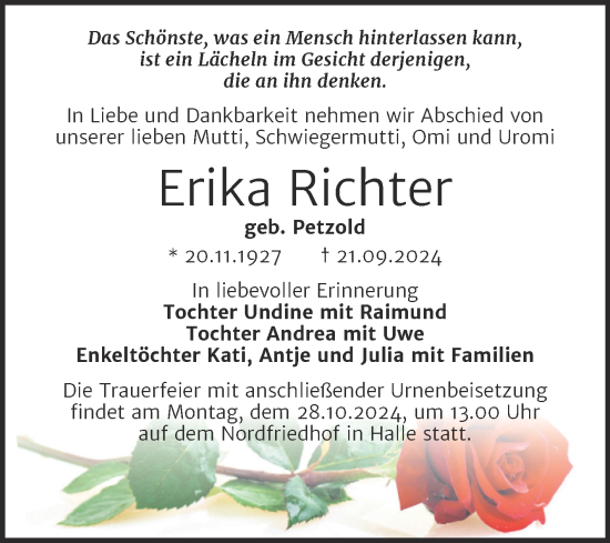 Traueranzeige von Erika Richter von Mitteldeutsche Zeitung Halle/Saalkreis