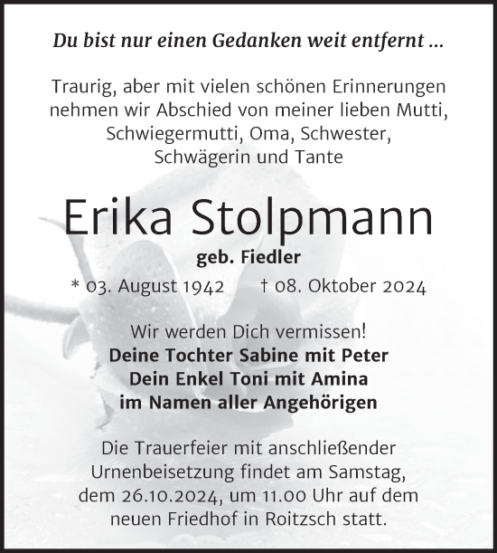 Traueranzeige von Erika Stolpmann von Trauerkombi Bitterfeld
