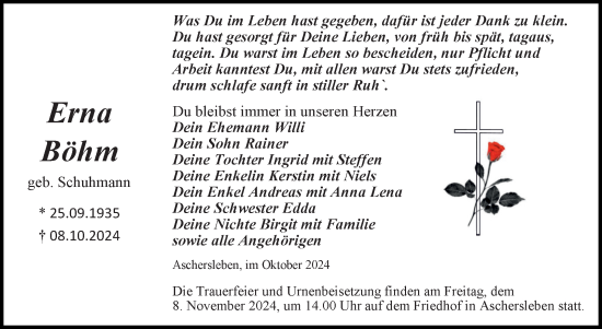 Traueranzeige von Erna Böhm von Trauerkombi Aschersleben