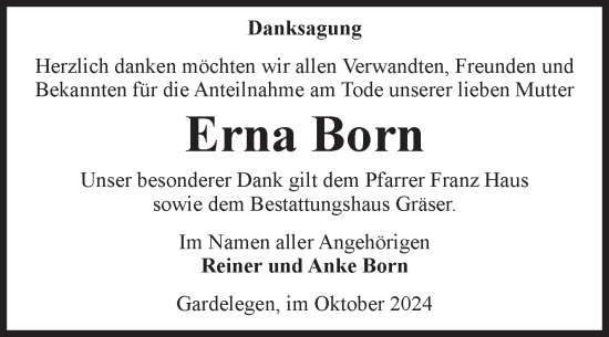 Traueranzeige von Erna Born von Volksstimme Altmark West