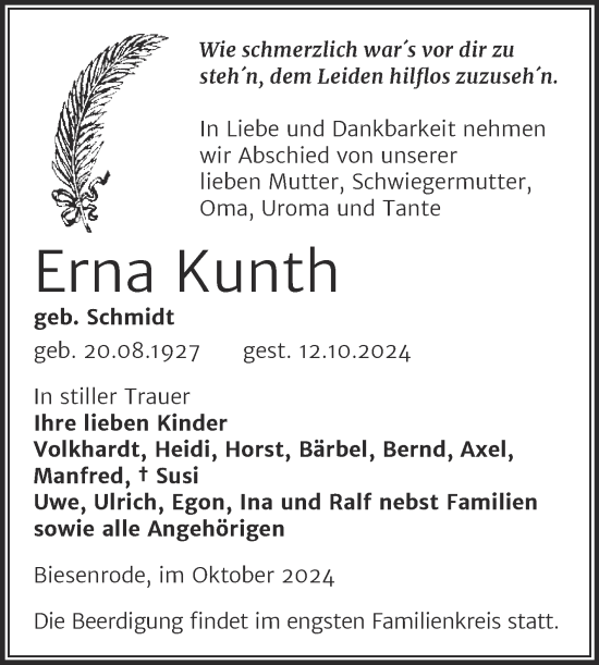 Traueranzeige von Erna Kunth von Mitteldeutsche Zeitung Mansfelder Land