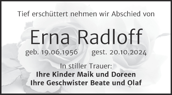 Traueranzeige von Erna Radloff von Naumburger Tageblatt