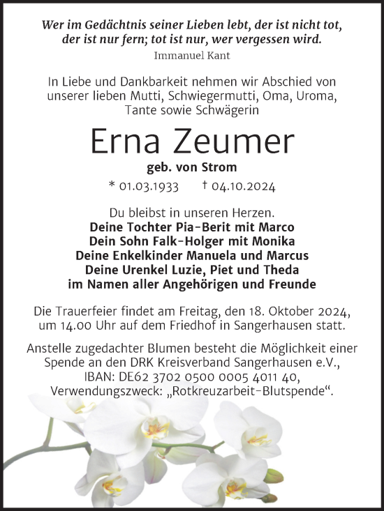 Traueranzeige von Erna Zeumer von Mitteldeutsche Zeitung Halle/Saalkreis