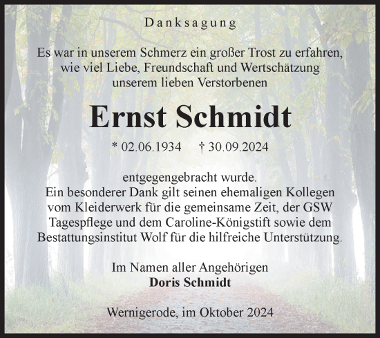 Traueranzeige von Ernst Schmidt von Volksstimme Wernigerode