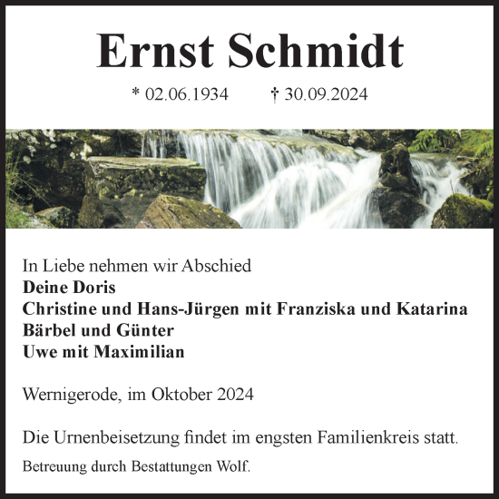 Traueranzeige von Ernst Schmidt von Volksstimme Wernigerode