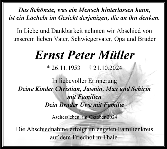 Traueranzeige von Ernst Peter Müller von Trauerkombi Aschersleben