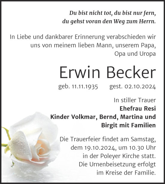 Traueranzeige von Erwin Becker von Trauerkombi Bernburg