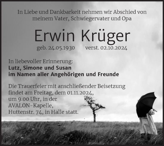 Traueranzeige von Erwin Krüger von Mitteldeutsche Zeitung Halle/Saalkreis