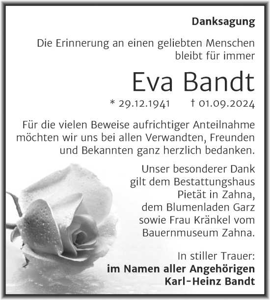 Traueranzeige von Eva Bandt von Super Sonntag Wittenberg