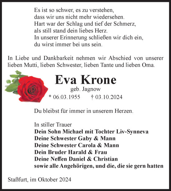Traueranzeige von Eva Krone von Volksstimme Staßfurt