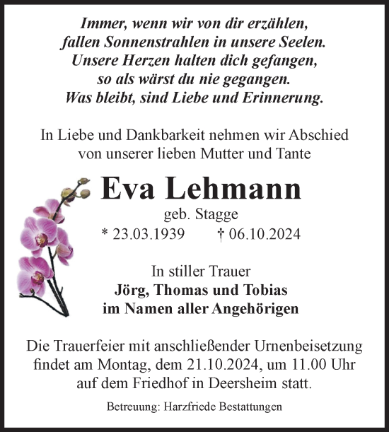 Traueranzeige von Eva Lehmann von Volksstimme Halberstadt